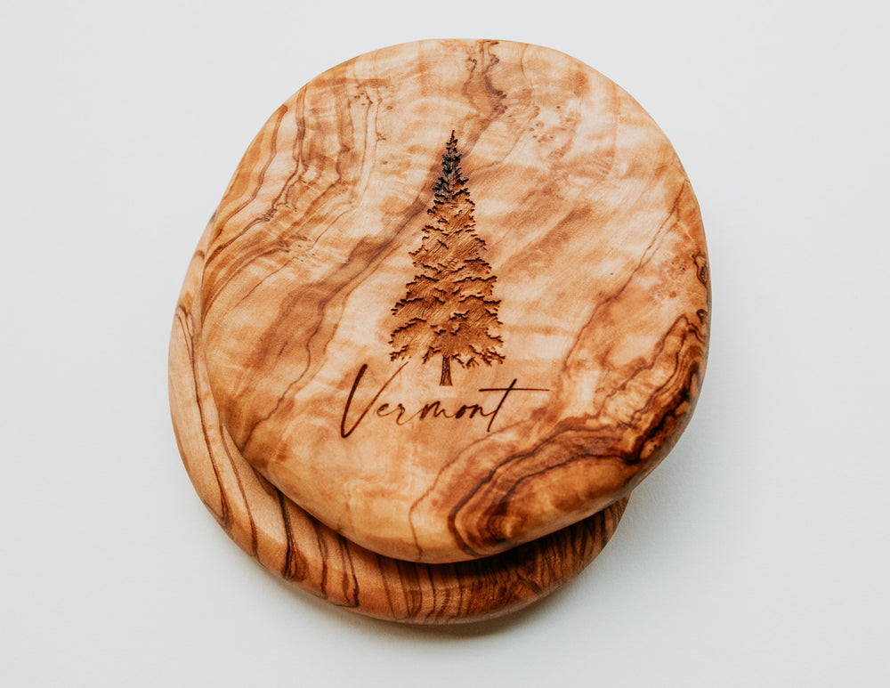 Vermont Pine Tree Olivewood Coasters ski gift