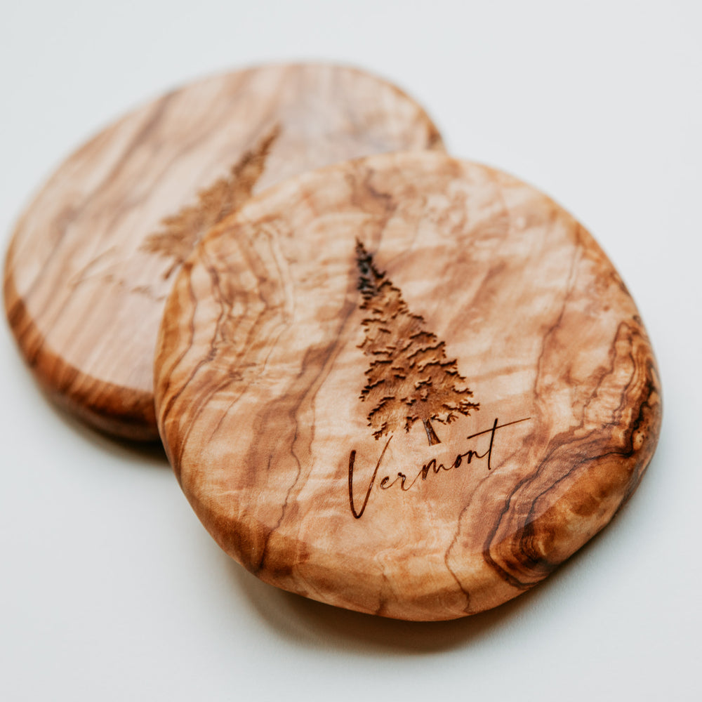 Vermont Pine Tree Olivewood Coasters ski gift