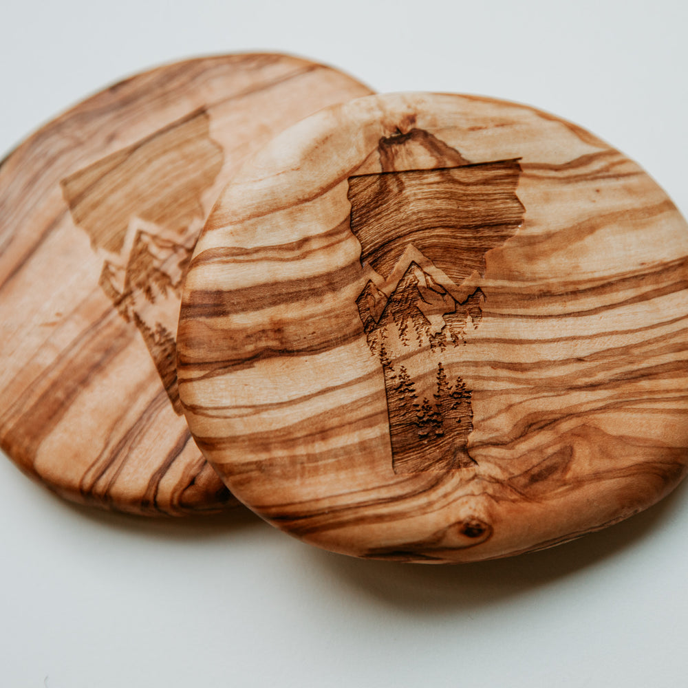 Vermont Mountain Outline Engraved Olivewood Coasters ski gift