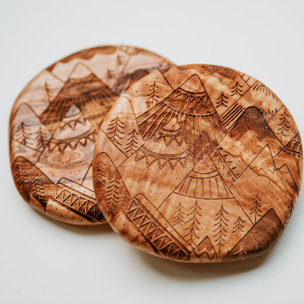 Mountain Engraved Olivewood Coasters