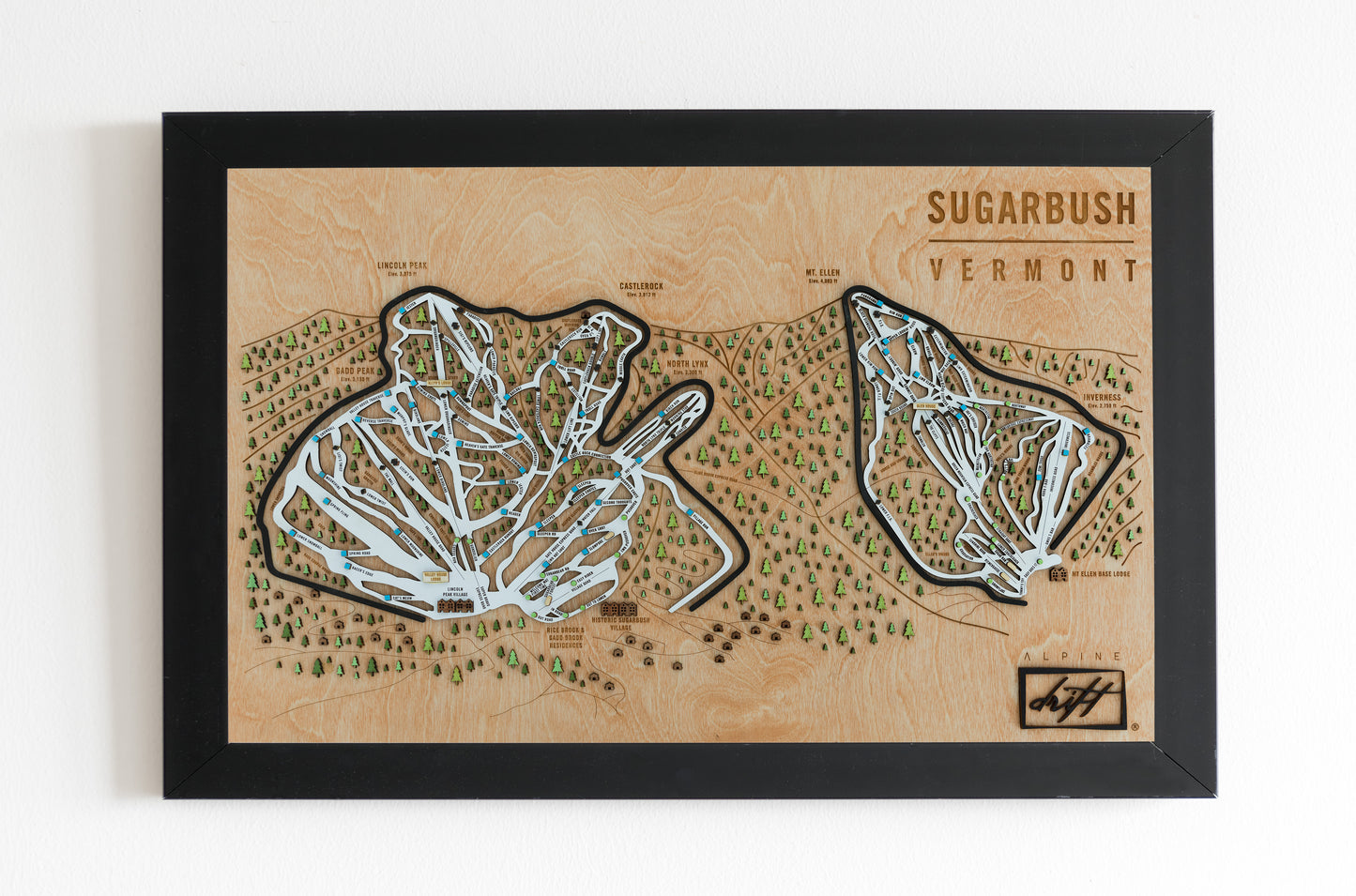 Sugarbush Vermont Ski Snowboard wooden trail map ski gift