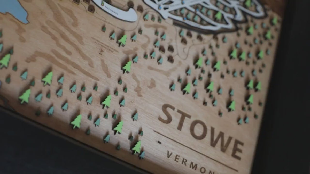 
                  
                    Load and play video in Gallery viewer, Stowe Ski Map | Layered Wooden Ski Trail Map | Vermont Mountain Art | Stowe Resort Decor | Ski House Wall Art
                  
                