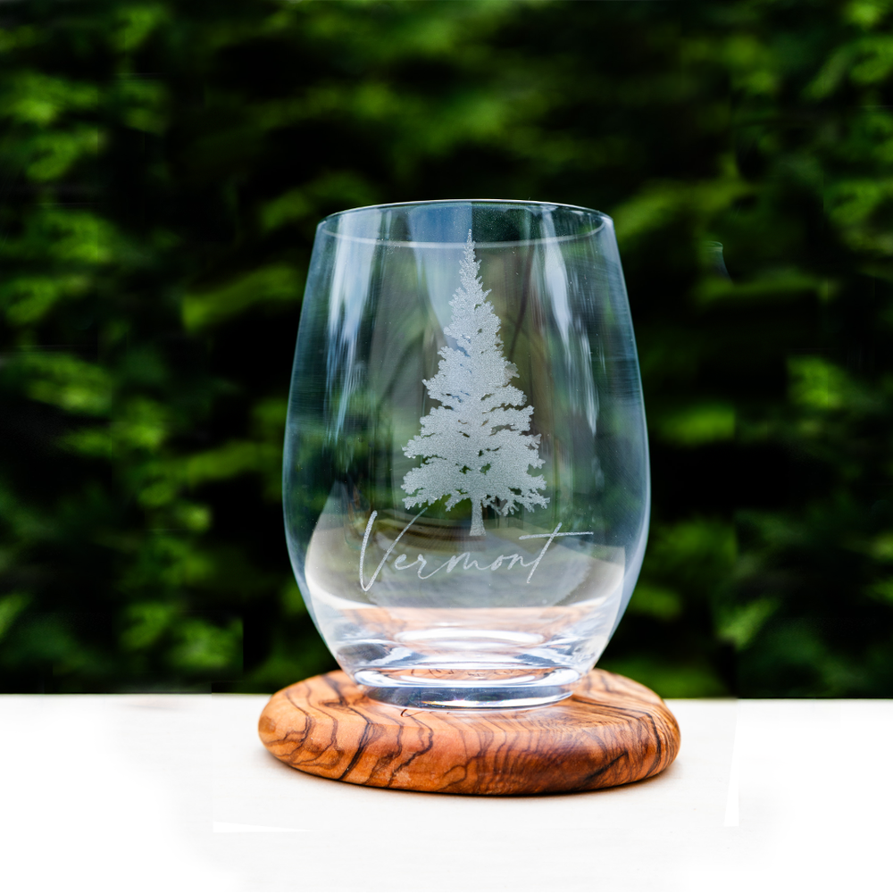 Vermont Pine Tree Etched Stemless Wine Glass - 15 oz