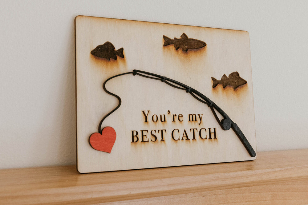 Fishing gift wooden card for valentine's day or anniversary