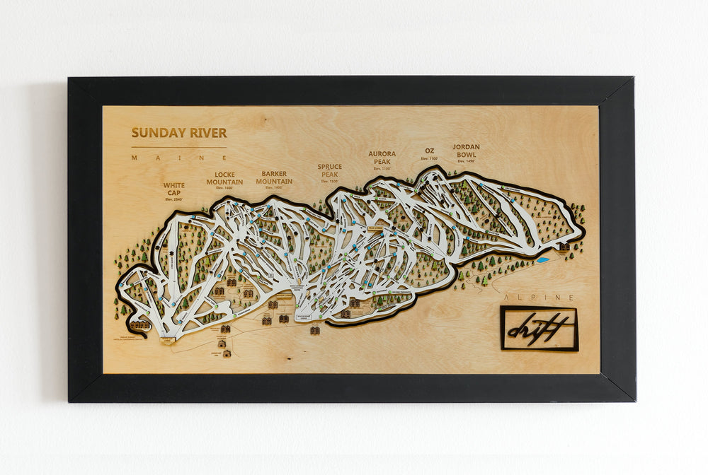 Sunday River Maine Wooden Ski Map Art Gift for Skiers and Riders